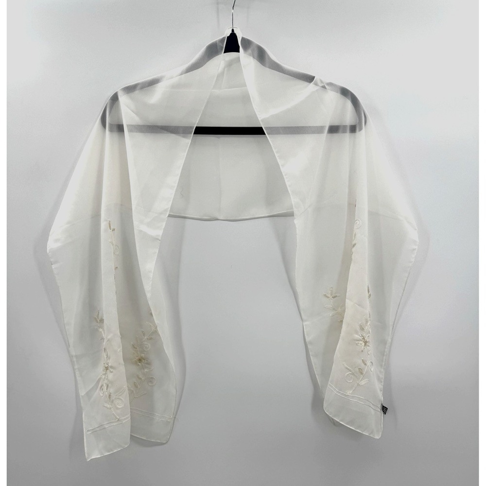 Womens Sheer Scarf Floral Embroidered Beaded Wrap Formal Bridal Coastal Cottage